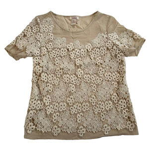 Sundance Beige Crochet Top Women's X-Small Lace Overlay Flowers Short Sleeve